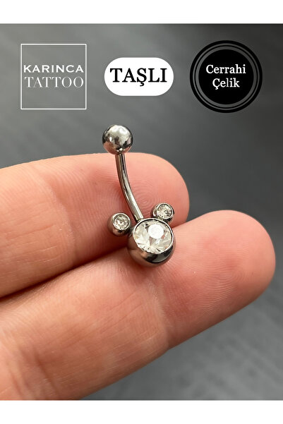 Karınca Piercing Gümüş Renk Taşlı Mickey Mouse Cerrahi Çelik Göbek Piercingi