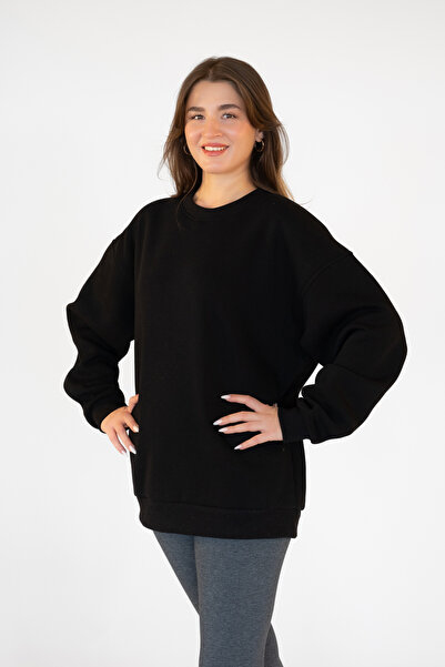 TEVOOY سويت شيرت بدون غطاء للرأس كبير الحجم للجنسين - تصميم مريح باللون الأسو...