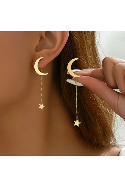 Eva Flore Stylish Gold Tone Moon & Star Tassel Drop Earrings