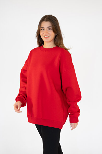 TEVOOY Unisex Oversize Kapşonsuz Sweatshirt – 3 İplik Şardonlu ve İçi Tüylü R...
