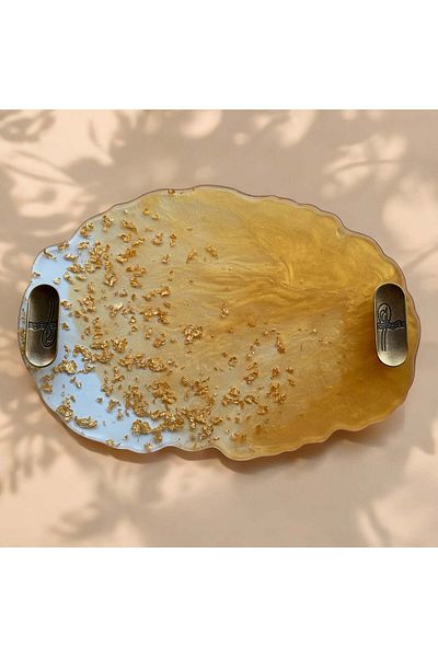 Home Epoxy Tray with Yellow Tuğra and Gold Leaf - 24 cm Length