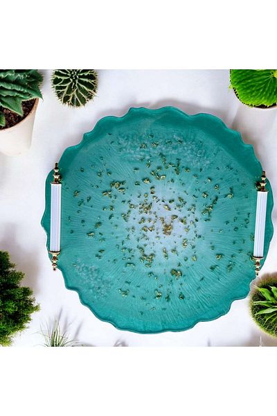 Home Green Tray with Epoxy Resin Gold Leaves - Diameter: 30 cm