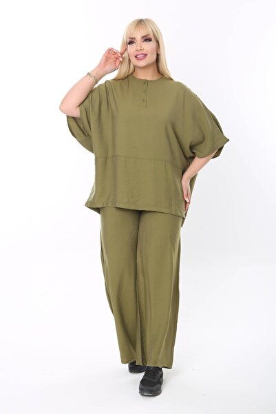 Mia Butik Plus Size Khaki Round Neck Casual Suit