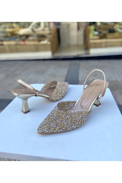 Gloriys Ayakkabı & Çanta Gold cam taşlı 6 cm topuklu ayakkabı 01210