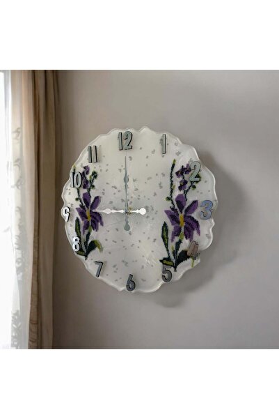 Home ساعة حائط من الراتنج الإيبوكسي - زهور أرجوانية - القطر: 30 سم