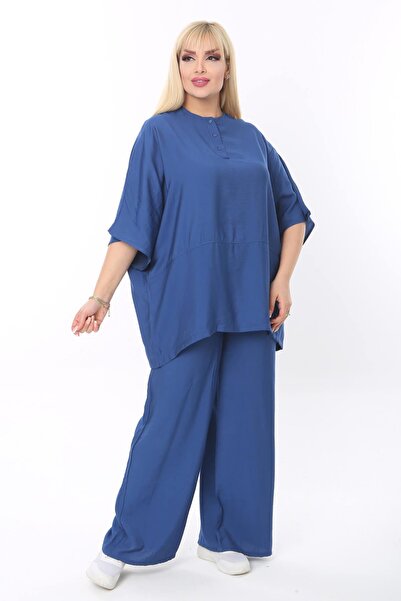 Mia Butik Plus Size Blue Round Neck Casual Suit