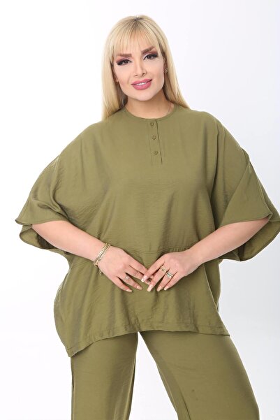 Mia Butik Plus Size Khaki Round Neck Casual Suit