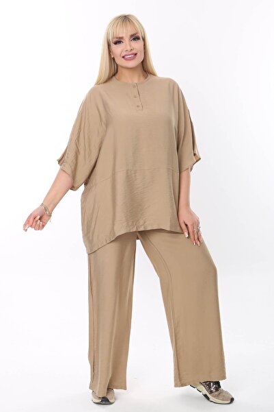 Mia Butik Plus Size Beige Round Neck Casual Suit