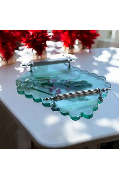Home Epoxy Resin Jewelry Tray - Dried Green Flowers - Width: 19 cm Length: 15 cm