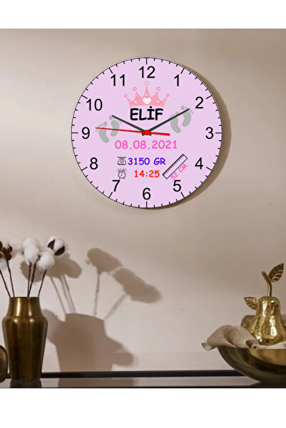 Elbasan Tekstil Kişiye Özel Kız Bebek Odası Duvar Saati 29 x 29 Cm Ahşap