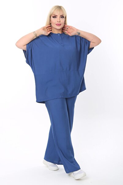 Mia Butik Plus Size Blue Round Neck Casual Suit
