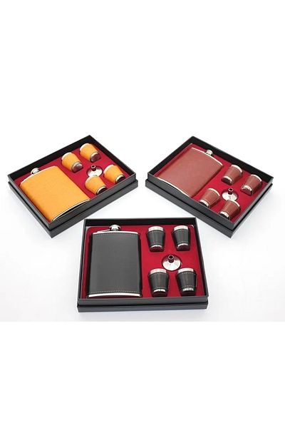 ÇERÇİCİ Stainless Steel 4 Shot Glass Leather Flask Set Alk2672