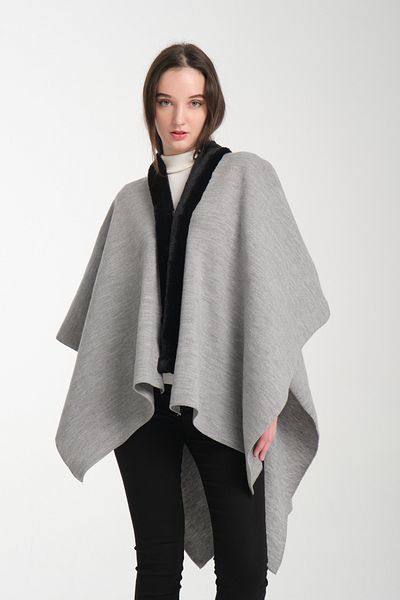 Wega Moda Fur Collar Knitwear Poncho, Women's Fur Detailed Poncho, Furry Knitwear Poncho, Furry Button Detailed Poncho