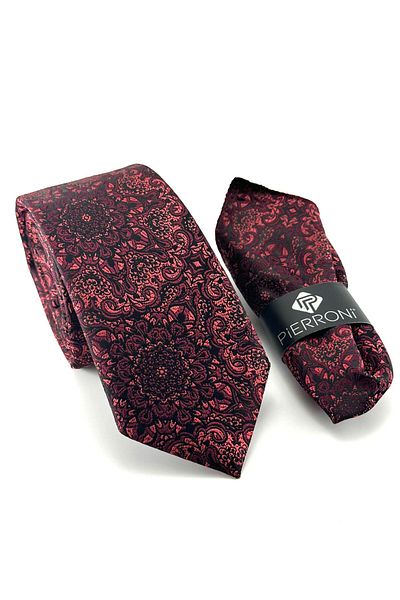 PİERRONİ Black Burgundy Patterned Handkerchief Tie