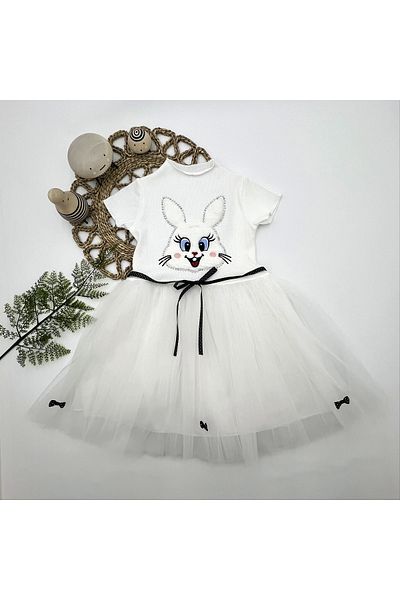 Brefex Defnada 5-6-7 Years Old Sequined Rabbit Printed Girl's Dress