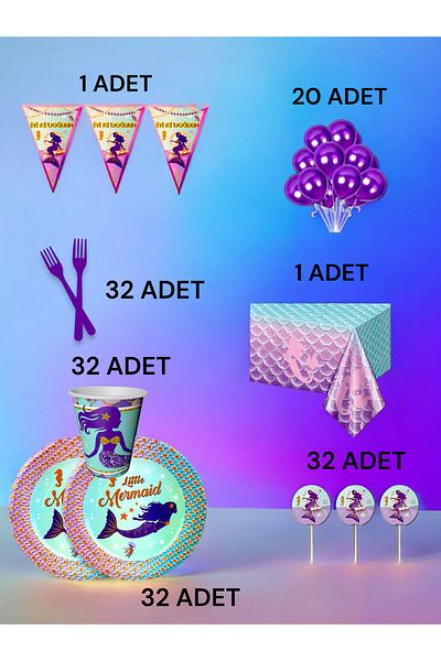 VibeHome Mermaid Themed L Pack for 32 - Birthday Party and Fun Events