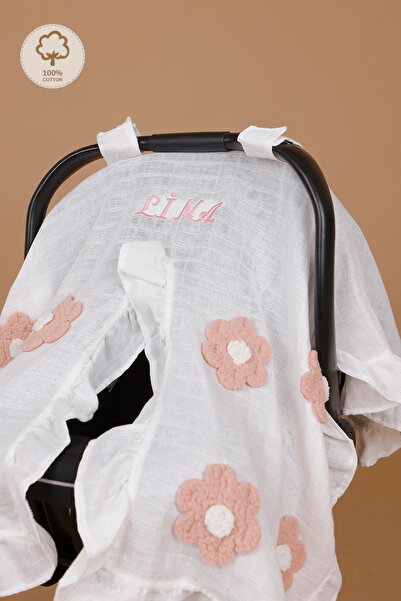 JUNİPERUS Kişiye Özel Nakışlı Fırfırlı Müslin Puset Örtüsü İsime Özel Anakucağı Örtüsü Oeko-Tex Sertifikalı