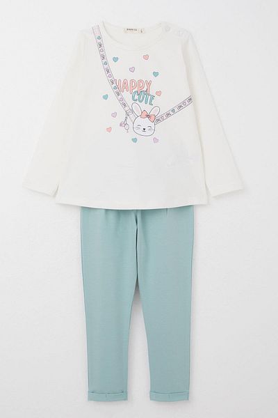 Breeze 9 Months-3 Years Old Baby Girl Set with Hearted Leggings - Happy Rabbit Printed, Ecru