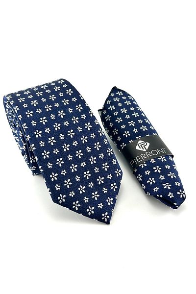 PİERRONİ Navy Blue and White Patterned Handkerchief Tie