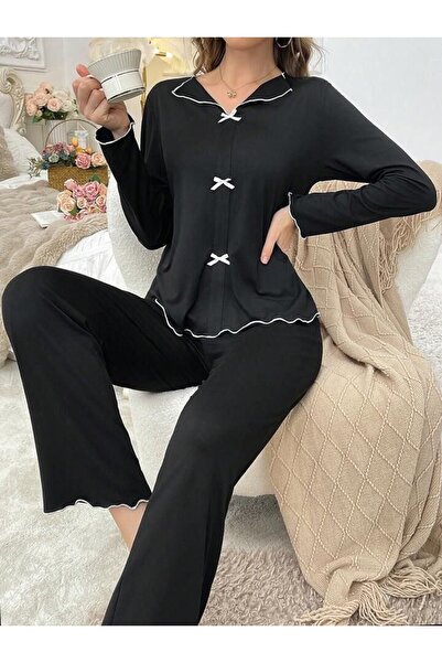 AURASTİL Σετ γυναικεία πιτζάμα Viscon - Goodgirl με μακριά μανίκια και λεπτομέρεια φιόγκου