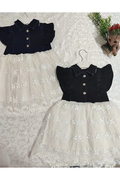 DEFNADA 2-3-4 Years Lined Embroidery Skirted Denim Fabric Buttoned Girl's Dress