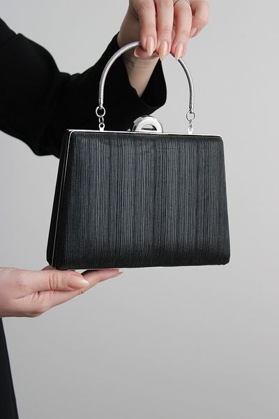 Mimoza Black Lurex Double-Way Evening Bag with Chain and Hand Strap, Movable Handle (Not Ship)