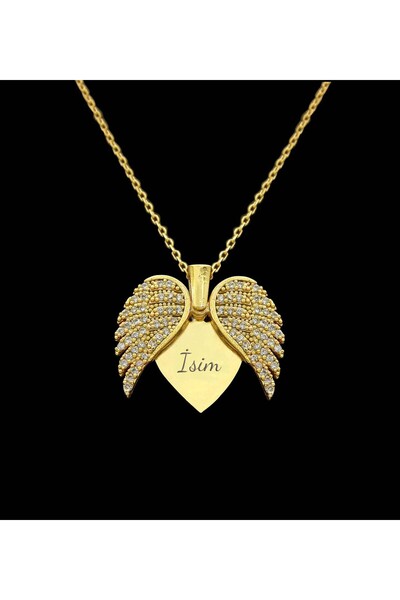 Bika Time Zirkon Taşlı Melek Kanat Kolye Altın Renk  kişiye Özel isimli Kız a...