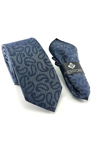 PİERRONİ Gray Navy Blue Shawl Stripe Patterned Handkerchief Tie