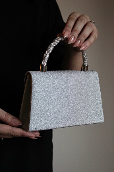 Mimoza Women's Silver Glitter Evening Bag – Stone Detailed Handle - Chain Long Strap
