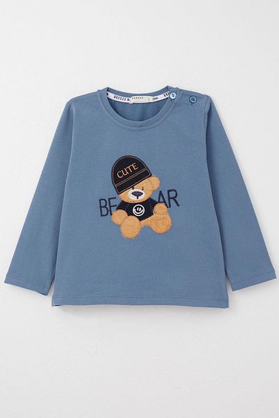 Breeze 9-3 Years Baby Boy Indigo Long Sleeve T-Shirt - Cool Teddy Bear Embroidered