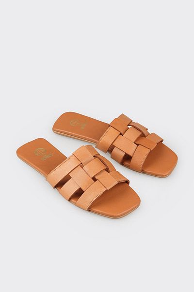 Elle Shoes Tan Leather Women's Flat Slippers