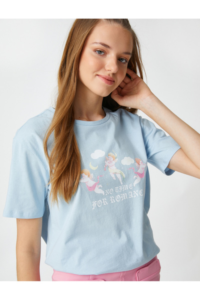 Koton Oversize Tişört Slogan Baskılı Kısa Kollu Bisiklet Yaka