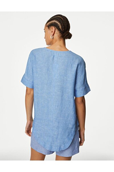 Marks & Spencer Kısa Kollu Keten Popover Bluz