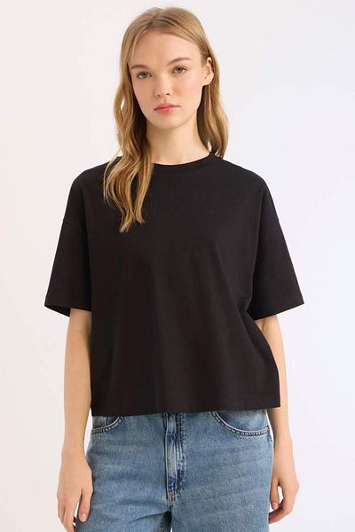 DeFacto New Season Coool Loose Fit Crew Neck Basic Plain Thick Fabric Short Sleeve Black T-Shirt
