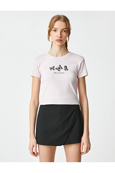 Koton Crop tričko Bavlna s potištěným výstřihem s krátkým rukávem