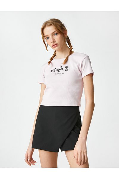 Koton Crop T-Shirt Cotton Printed Crew Neck Short Sleeve