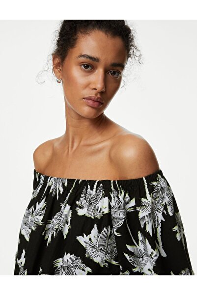 Marks & Spencer Palmiye Desenli Midi Keten Elbise