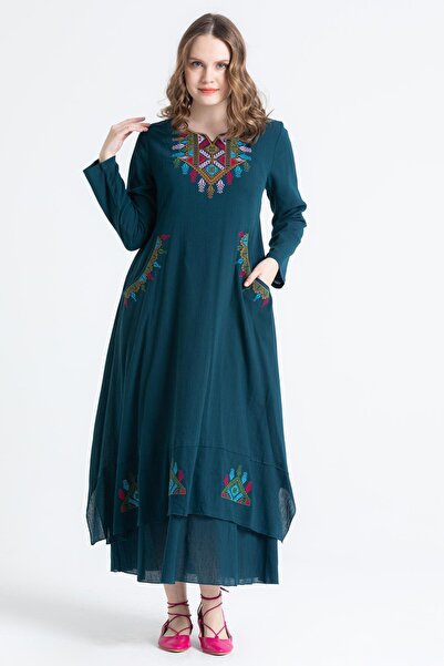 Eliş Şile Bezi Μακρυμάνικο Σιλέ Πανί Κεντητό Αντίκα Μακρύ Φόρεμα Petrol Ptrl