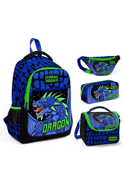Coral High Set de ghiozdan și geantă de talie Blue Green Dragon Triple - Băiat