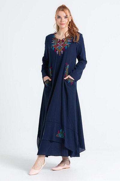Eliş Şile Bezi Navy Blue Embroidered Sile Cloth Long Hijab Dress - Lcvt