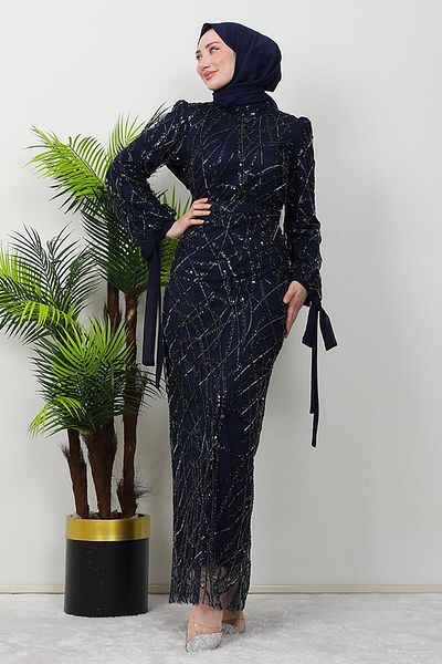 GİZ AGİYİM Βραδινό φόρεμα με μπλέ Navy Hijab - Nazende