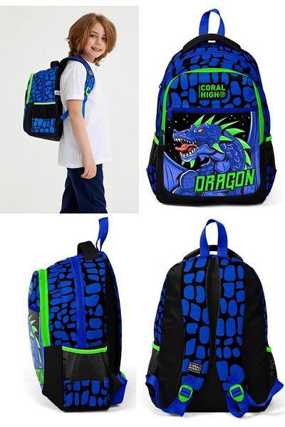 Coral High Set de ghiozdan și geantă de talie Blue Green Dragon Triple - Băiat