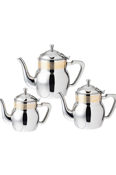 SQUALO Set of 3 steel teapots with golden decor three different sizes