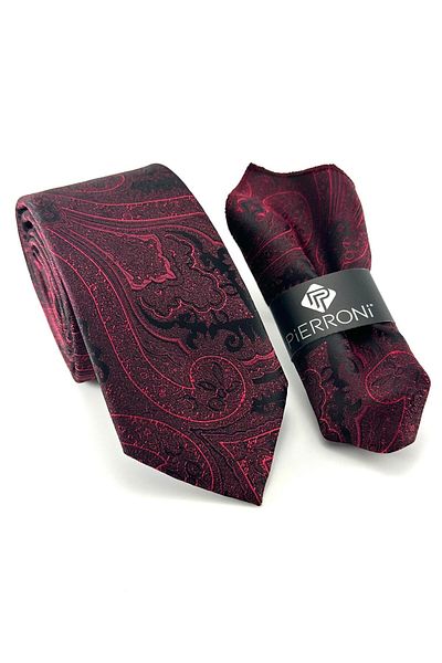 PİERRONİ Black Burgundy Shawl Patterned Handkerchief Tie