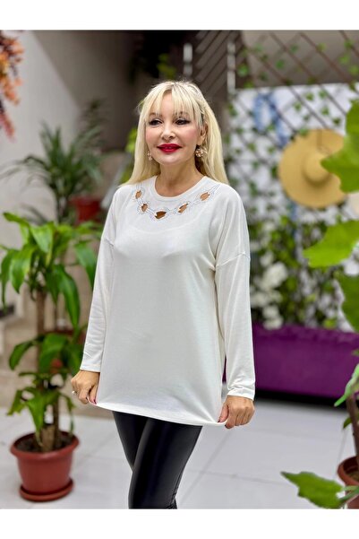 Punta Otantik D12287 Біла трикотажна блузка - з деталями на комірі
