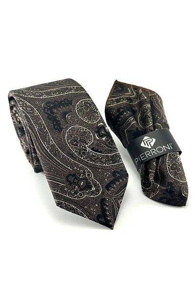 PİERRONİ Brown Mink Shawl Patterned Handkerchief Tie