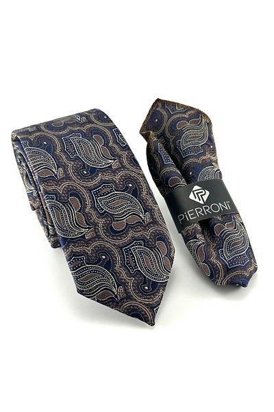 PİERRONİ Navy Blue Brown Patterned Handkerchief Tie