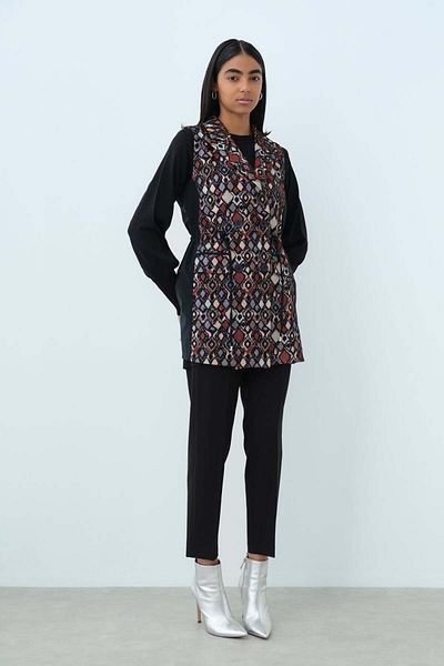 Nihan Navy Blue Fabric Mixedjacquard Double Breasted Vest