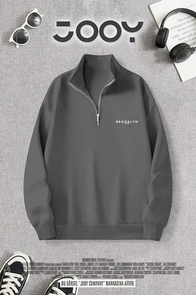 Jooy Company Smoke Grey Half Zip Brooklyn Jc Printed 3 Thread Sweatshirt