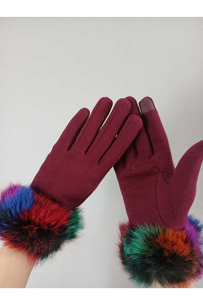 Gönülden Tasarım Colorful Fur Bordo Women's Cascumber Gloves